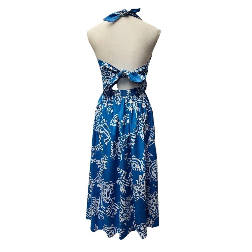VTG Malia 6 Blue Floral Cotton Hawaiian Halter Dress Luau 60s 70s Tropical Beach - Picture 3 of 6